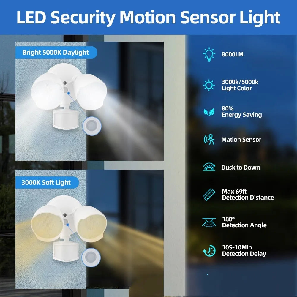 White or black 120V LED security flood light with motion sensor for outdoor installation