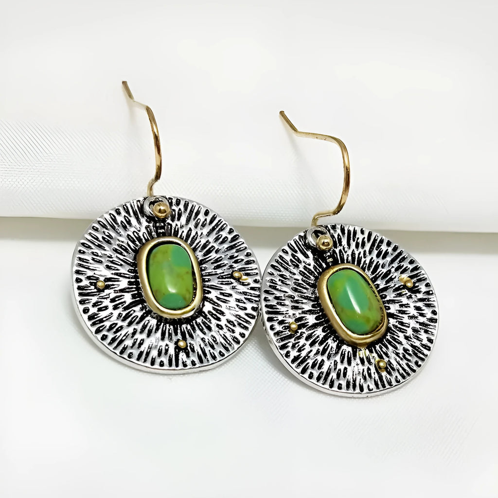 Retro creative turquoise colour separation earrings in antique silver finish alloy old money style