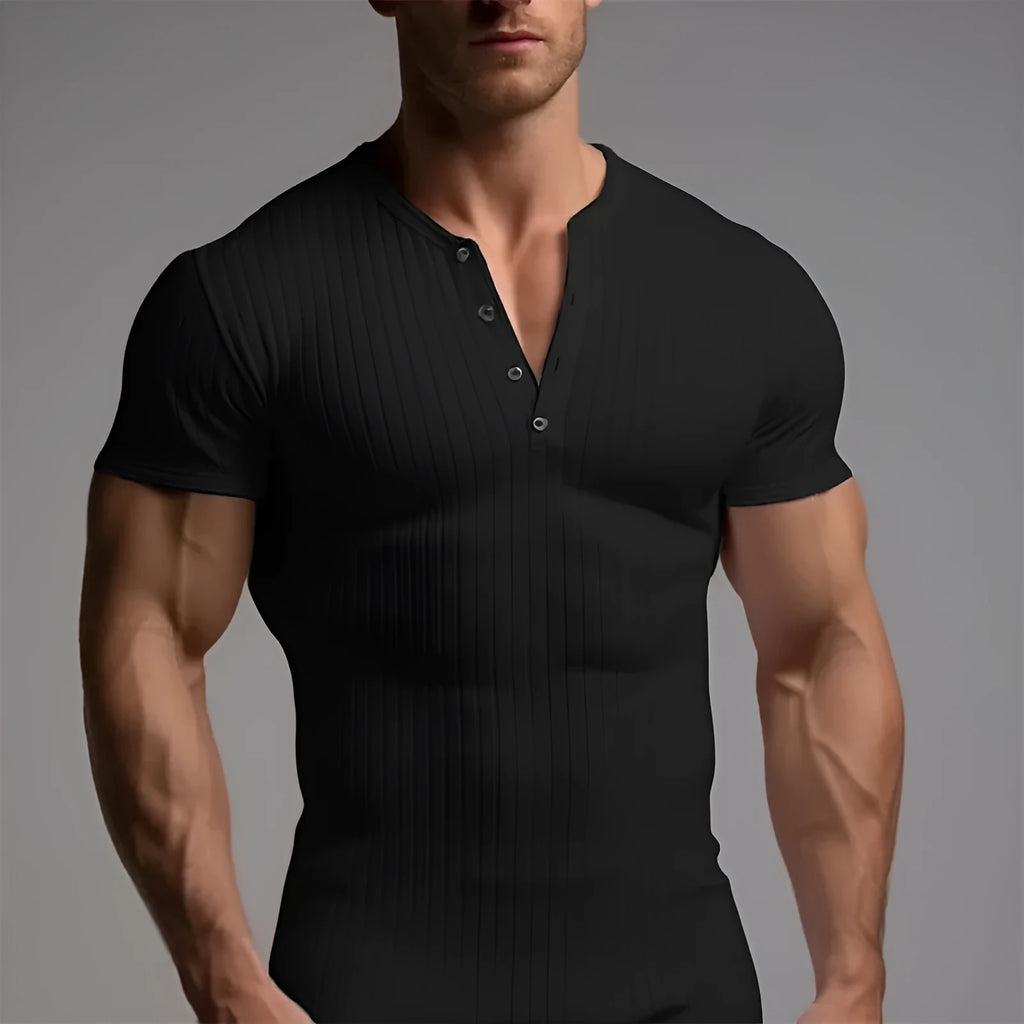 Men's slim-fit short-sleeved polyester sports T-shirt on a hanger, shown in Army Green colour.