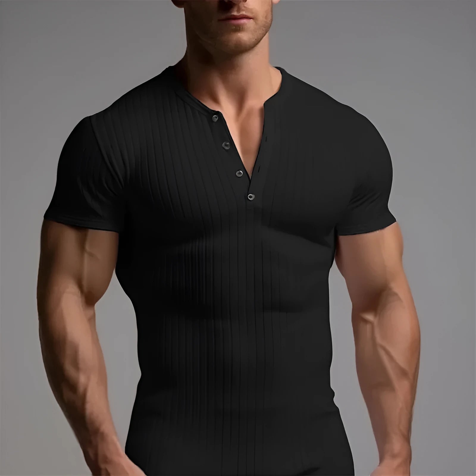 Men's slim-fit short-sleeved polyester sports T-shirt on a hanger, shown in Army Green colour.