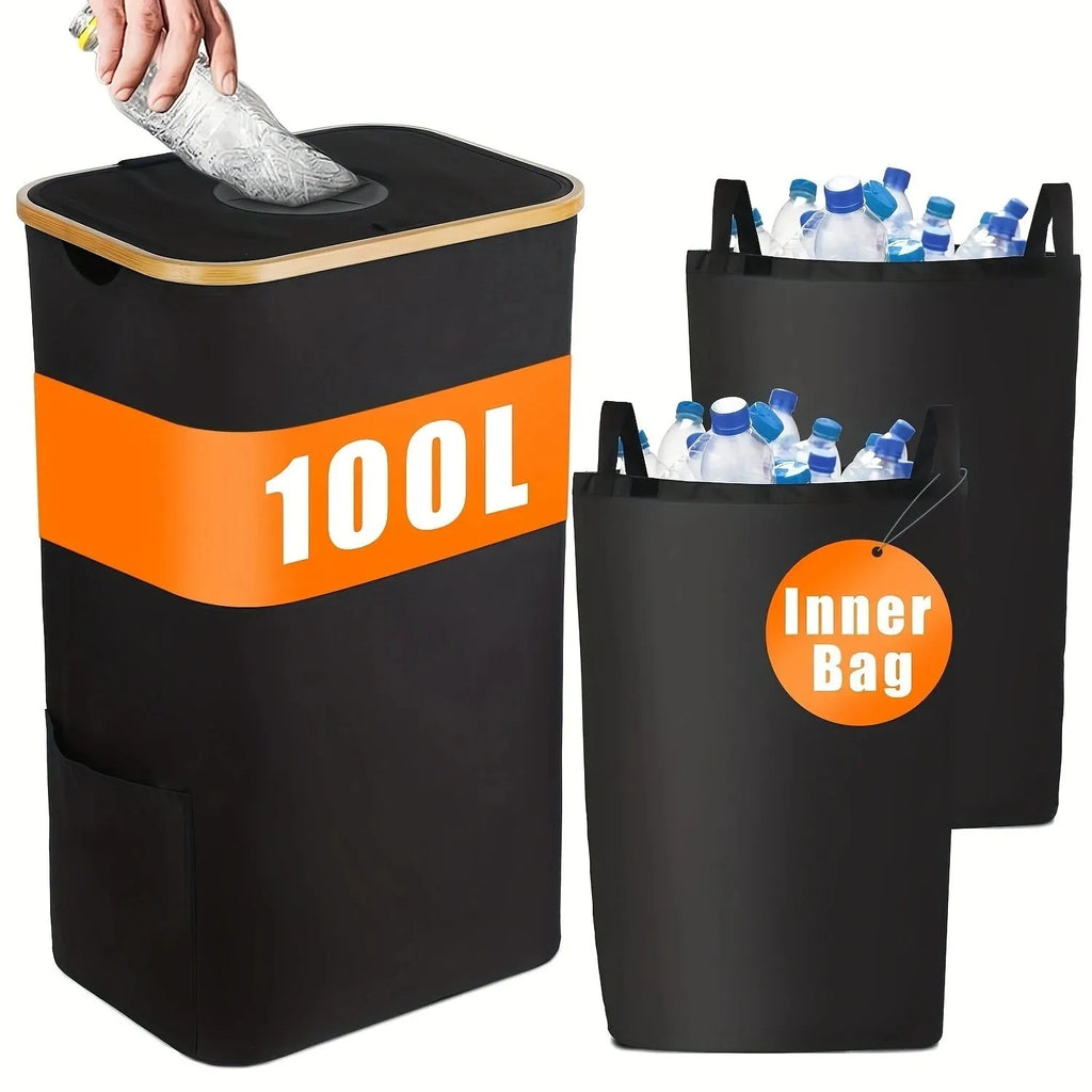 Black bamboo laundry basket with removable lid showing ventilation holes and inner storage pockets