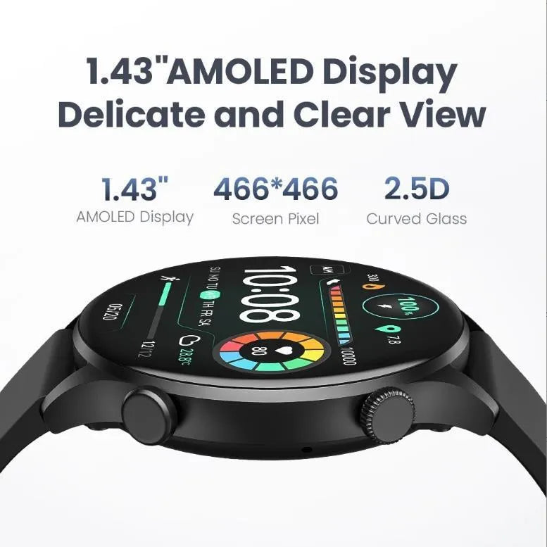 Black Bluetooth smartwatch with 1.43-inch AMOLED display showing heart rate and sports mode interfaces