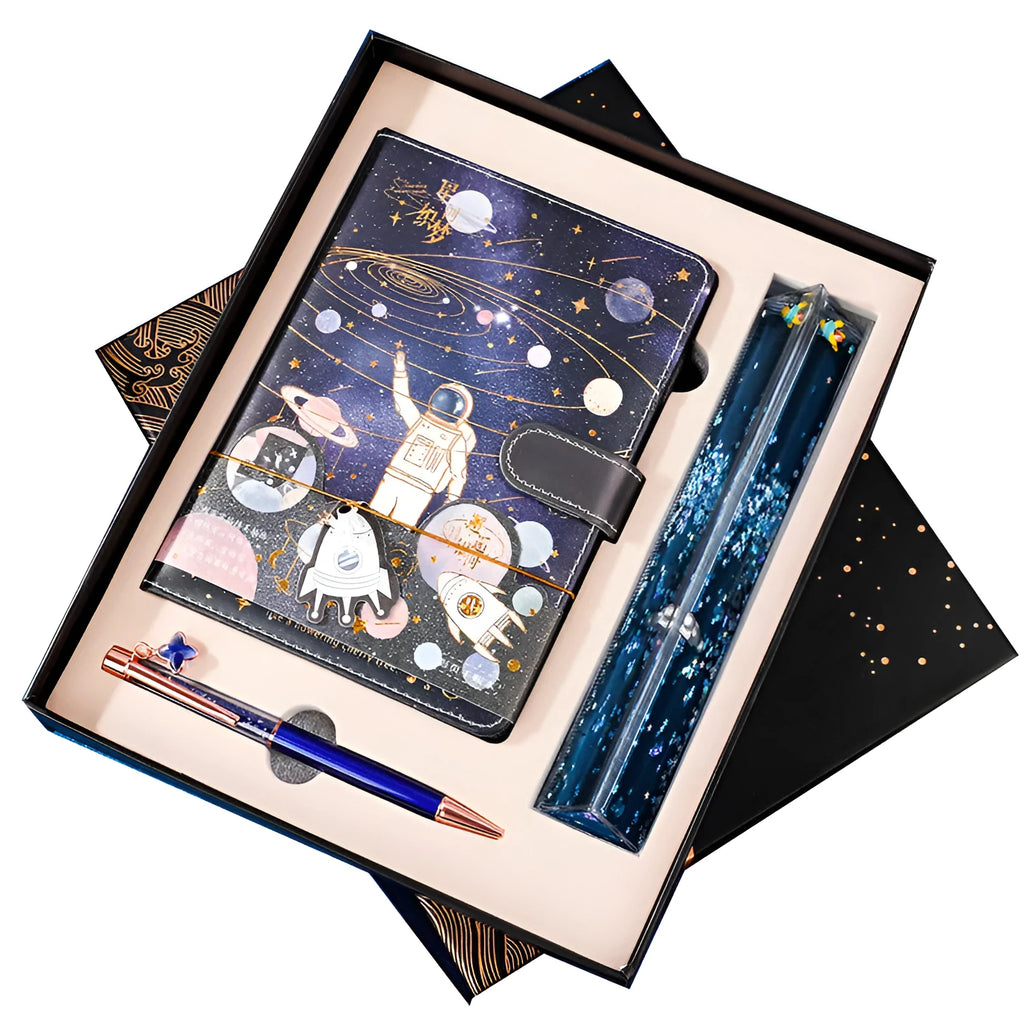 Galaxy dream notebook with cute cartoon astronaut cover, wireless binding, 80gsm paper, and gift box