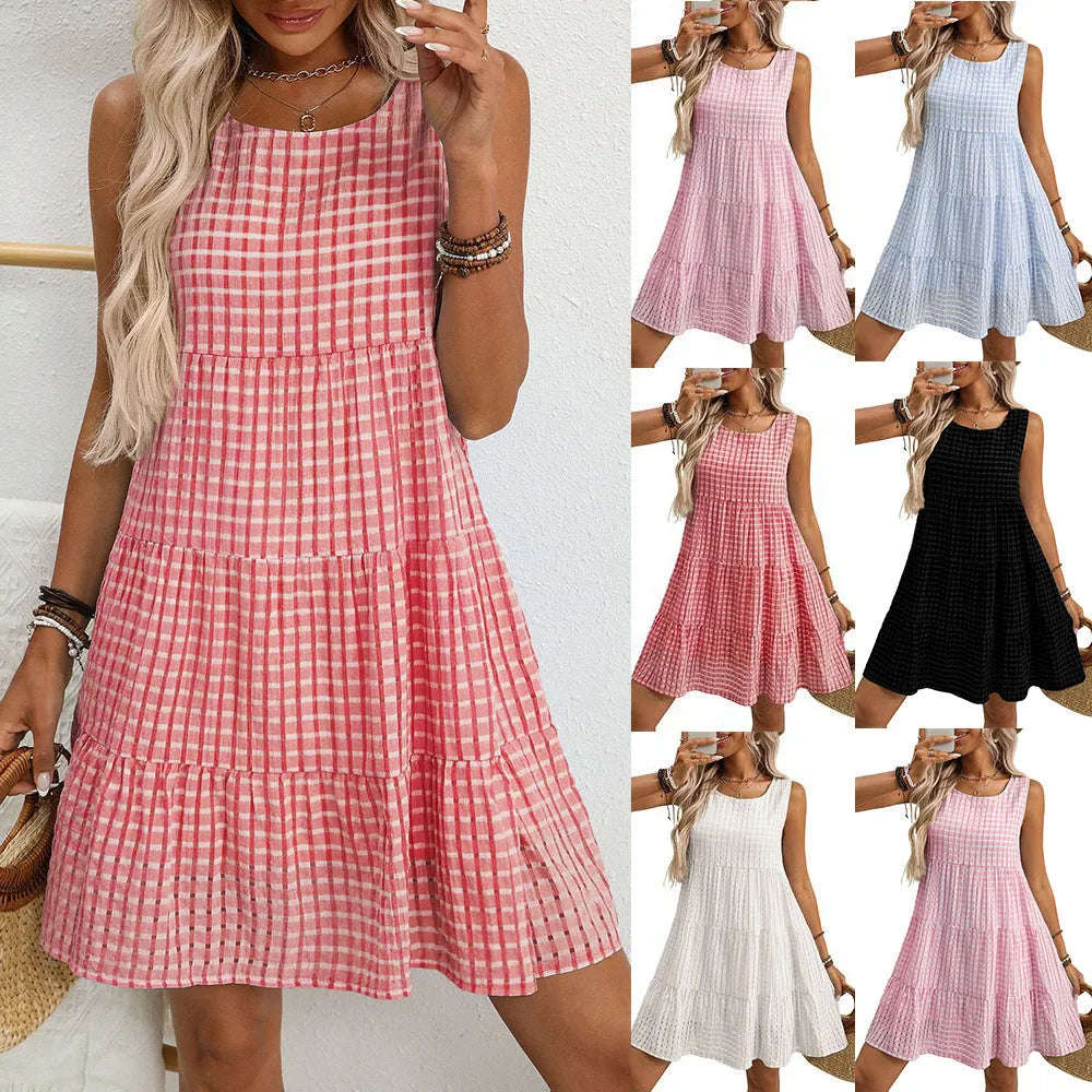 Women's loose-fitting sleeveless plaid dress with a high waist and midi-length swing skirt.