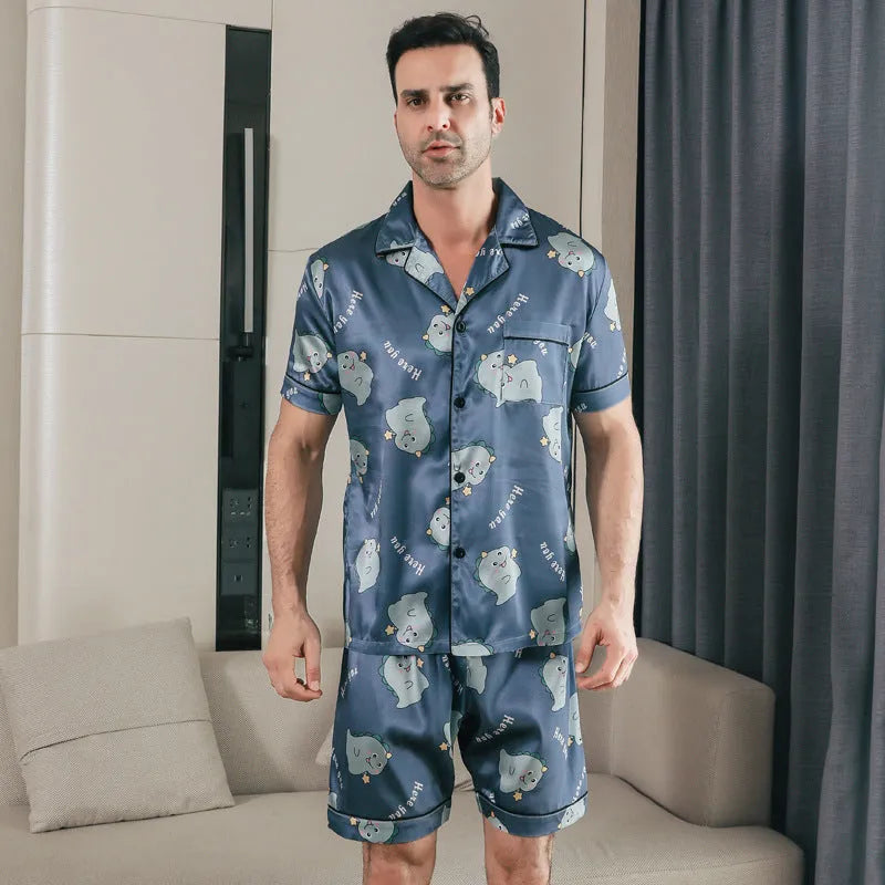 Ice silk men's short sleeve cardigan pajama set in picture style colour, including top and pants, shown on a model.