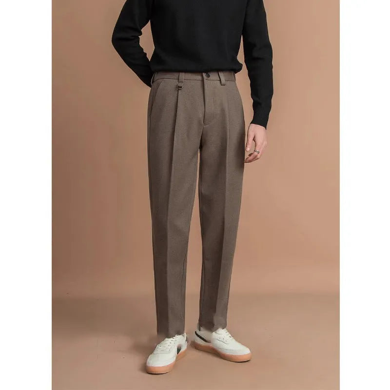 Men's straight leg business casual trousers in polyester fabric with draped styling