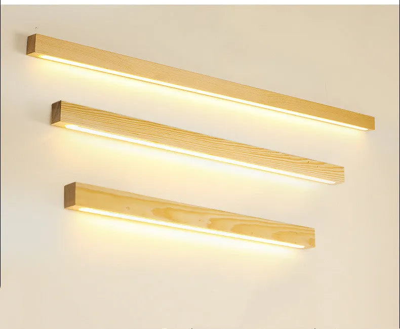 Walnut-coloured wooden log strip LED wall lamp with slim 4.5cm profile in three length options