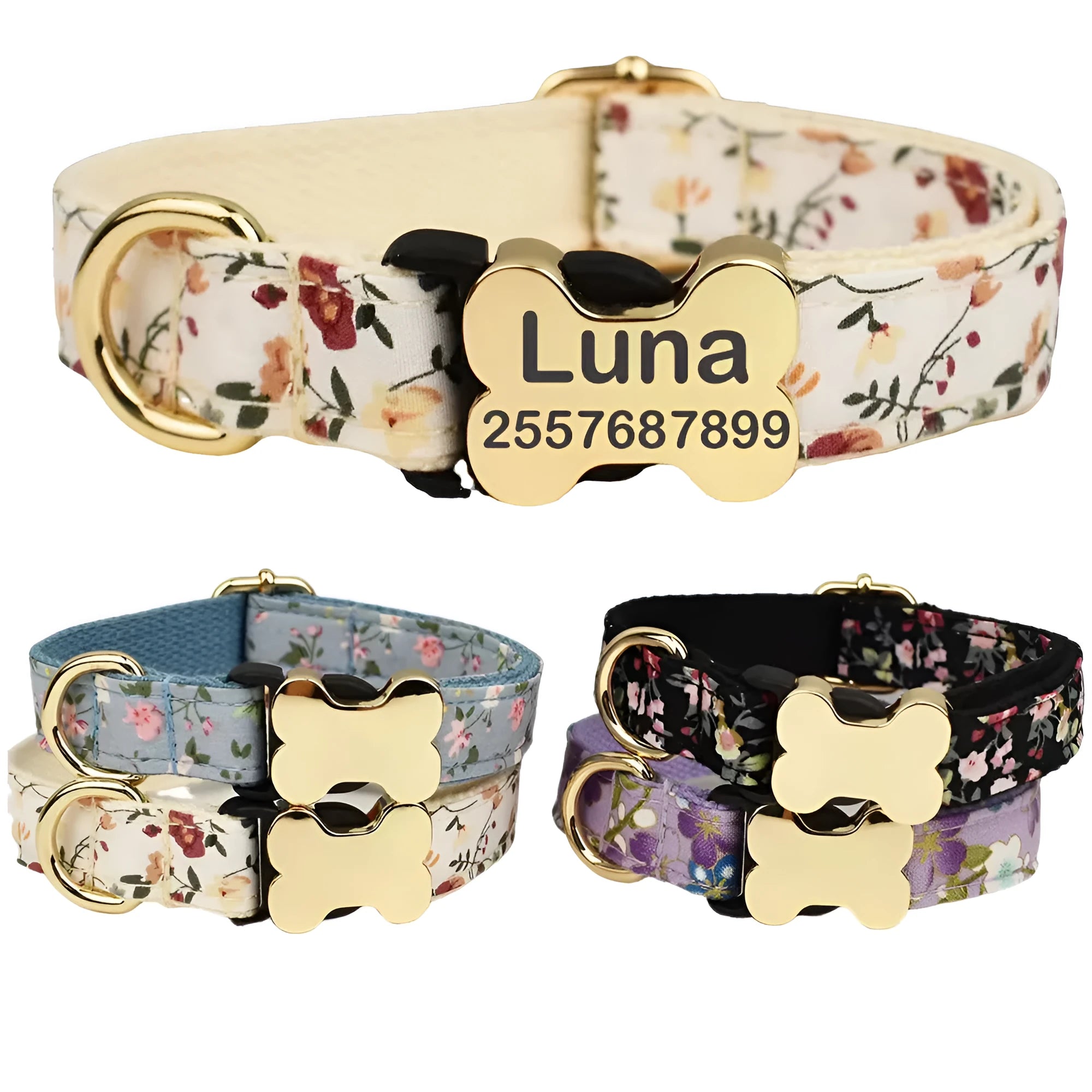 Flat woven nylon dog collar with printed grid pattern and bone-shaped buckle in multiple colour options