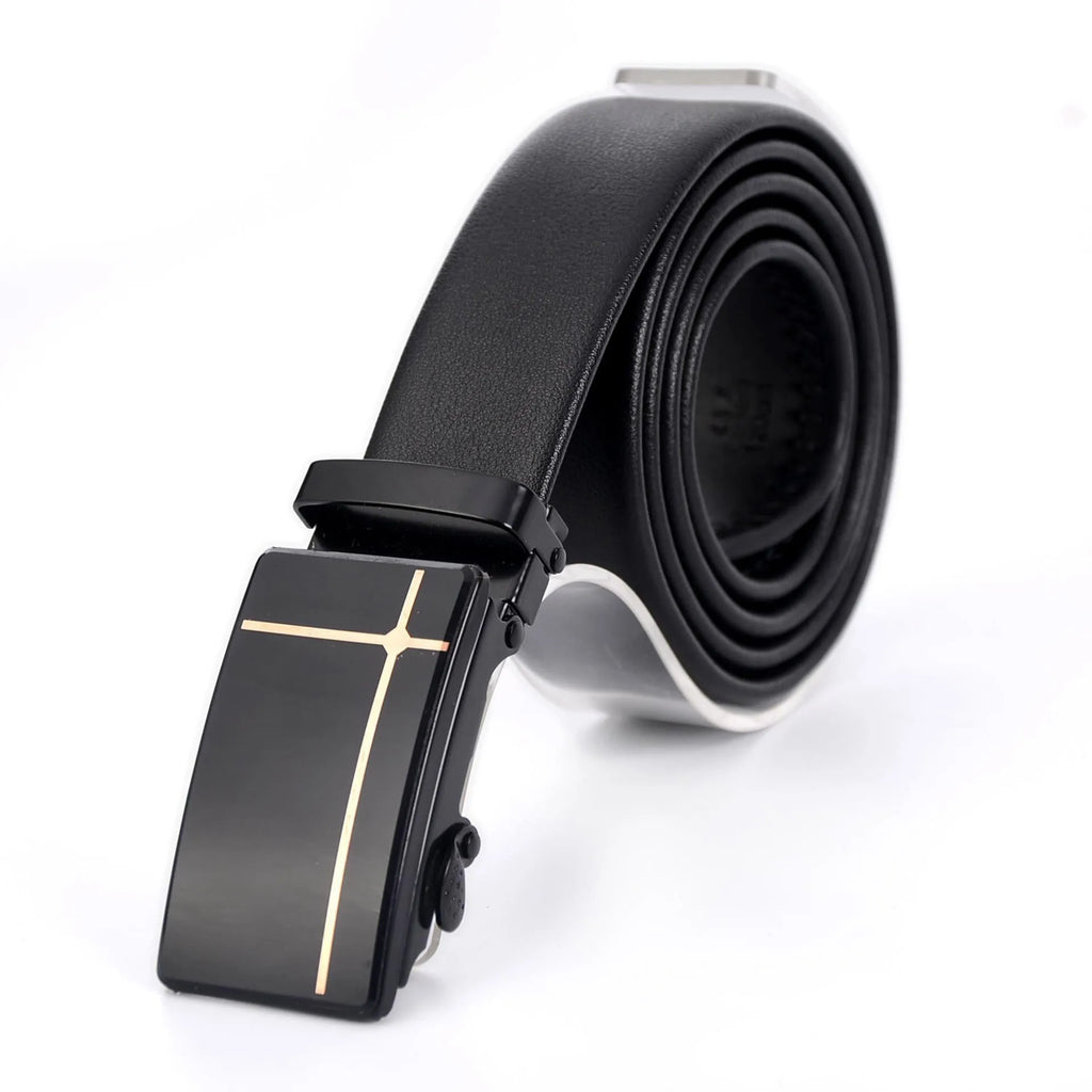 Men's automatic buckle belt with mirror acrylic iron button, patent leather finish, showing buckle close-up
