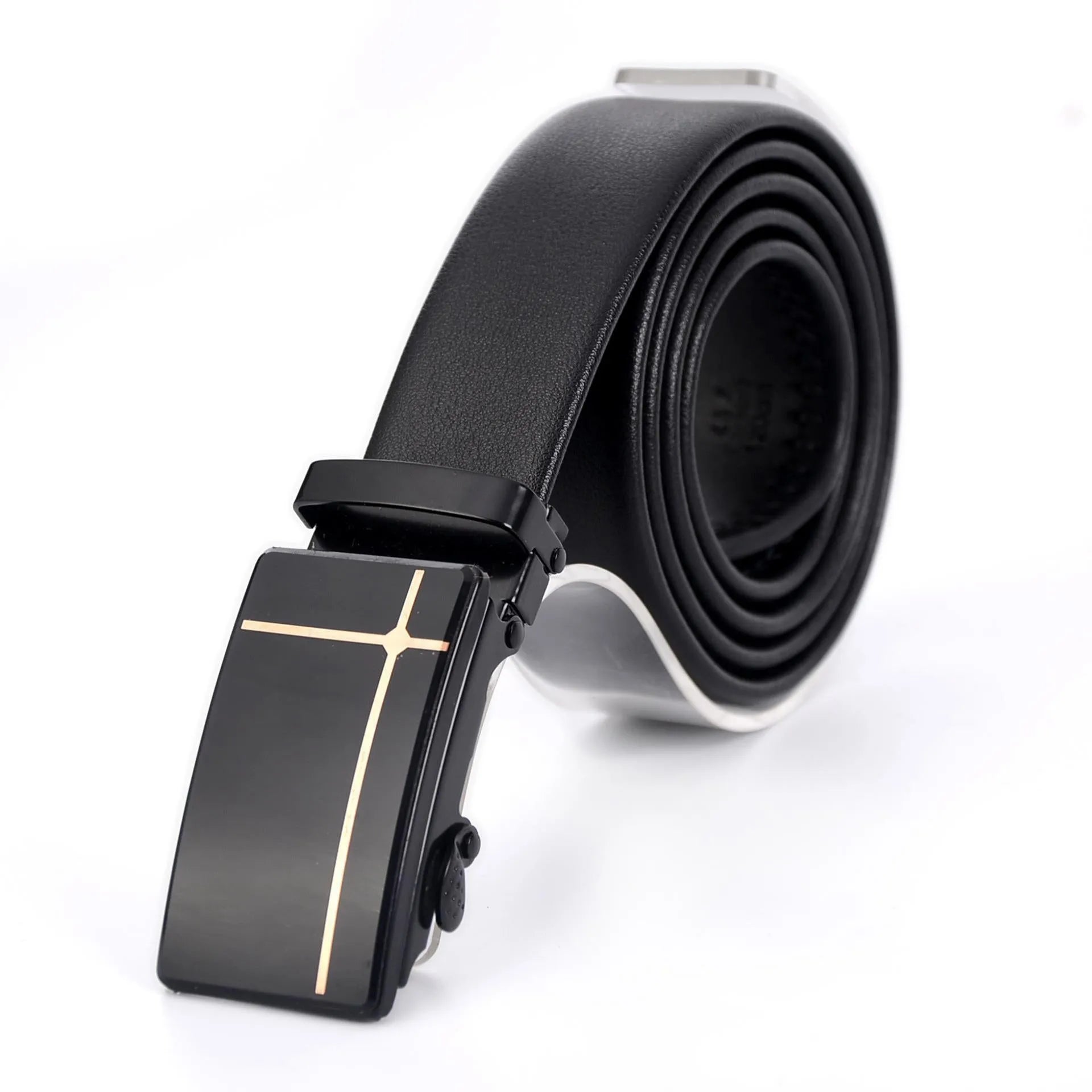 Men's automatic buckle belt with mirror acrylic iron button, patent leather finish, showing buckle close-up