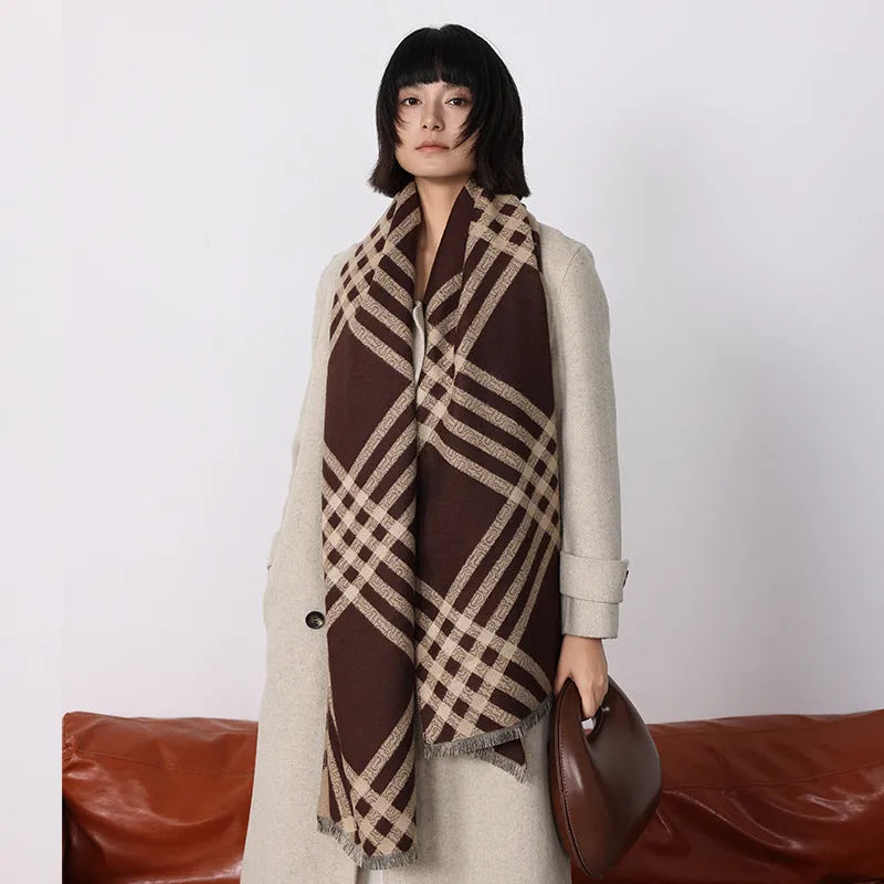 Qianjin imitation cashmere tassel scarf in 185x65cm size shown in four colours brown black black camel khaki