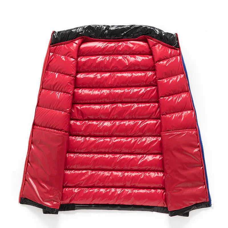 Men's thick white goose down vest in solid colour, oblique pocket design, available in black and navy blue, sizes M to 4XL