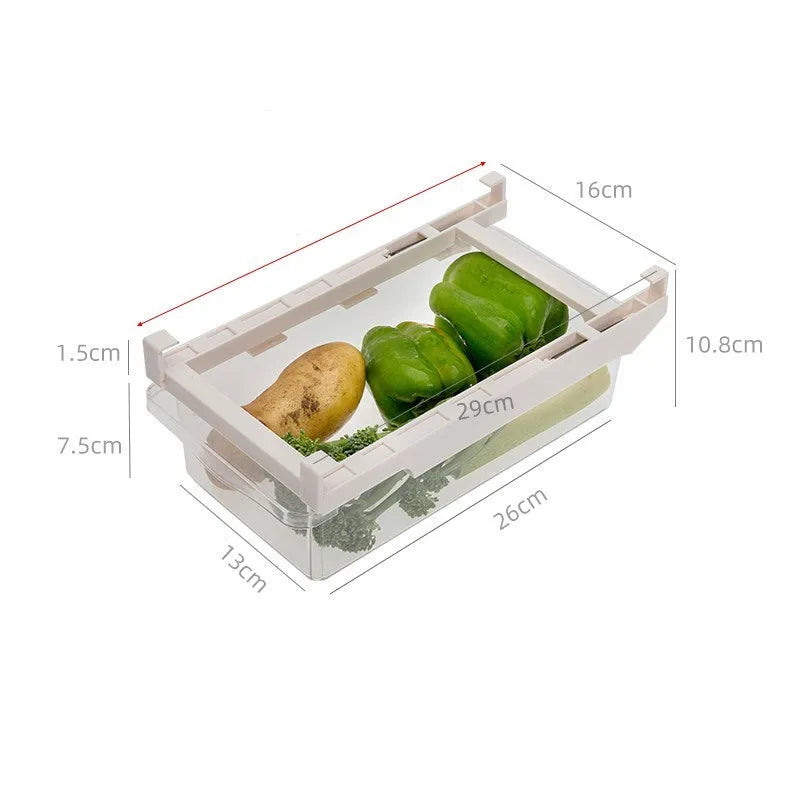 Transparent plastic pull-out egg storage box with stackable design on a refrigerator shelf