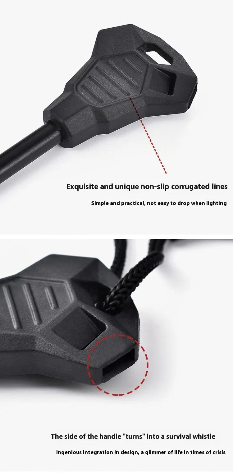 Outdoor camping multifunctional flint in black, 13cm magnesium rod with stainless steel scraper and survival whistle