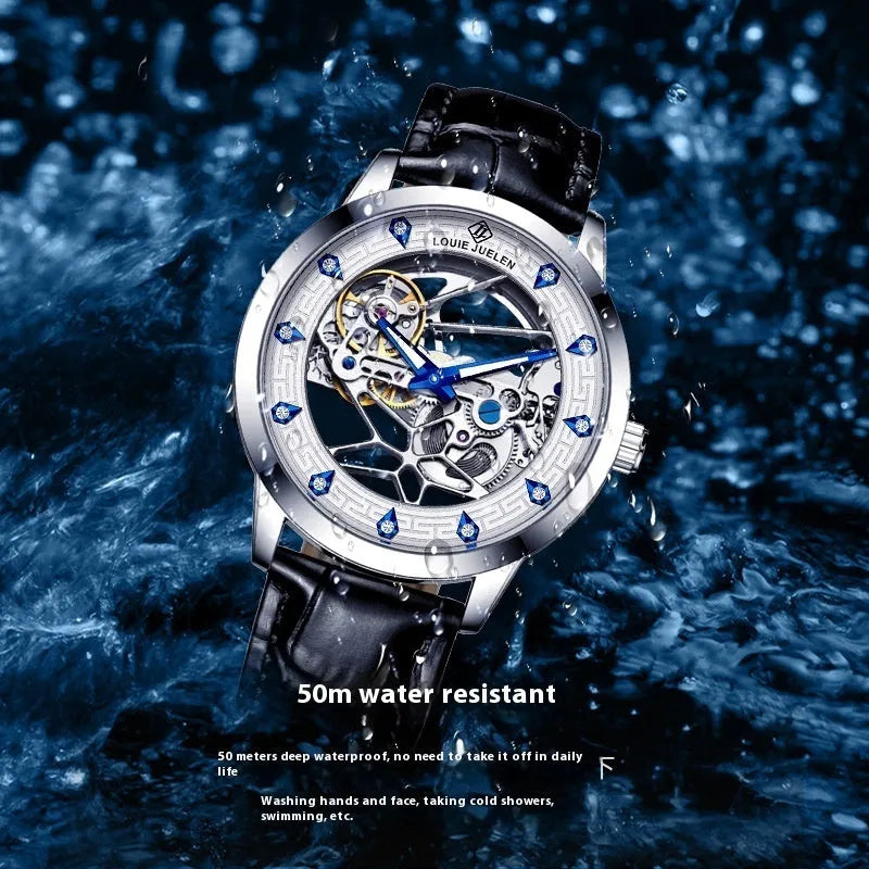 Men's silver case mechanical watch with white dial, blue hands, black leather strap and waterproof construction