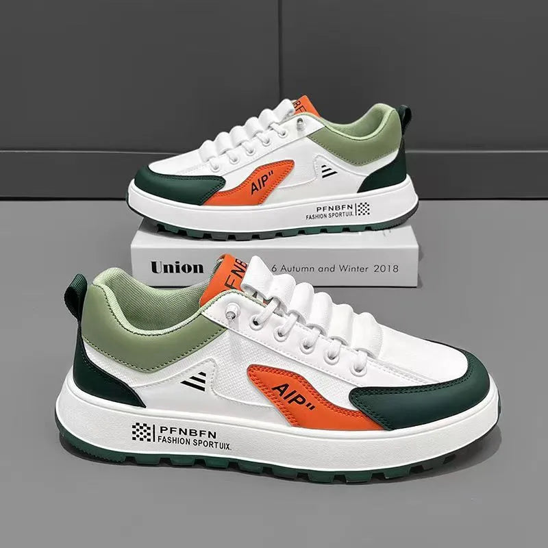 Men's white casual sport shoes with artificial PU upper and round toe design