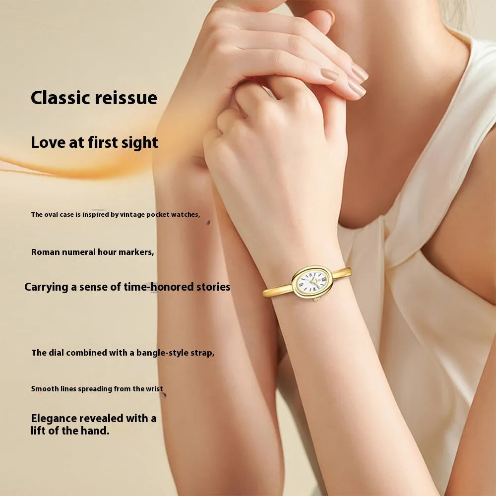 Women's multifunctional oval retro quartz watch in gold with spiral pattern dial and slim case
