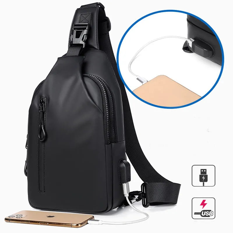 Black sling crossbody chest bag for men, simple city style, vertical square shape, zipper closure, soft surface, blue black grey