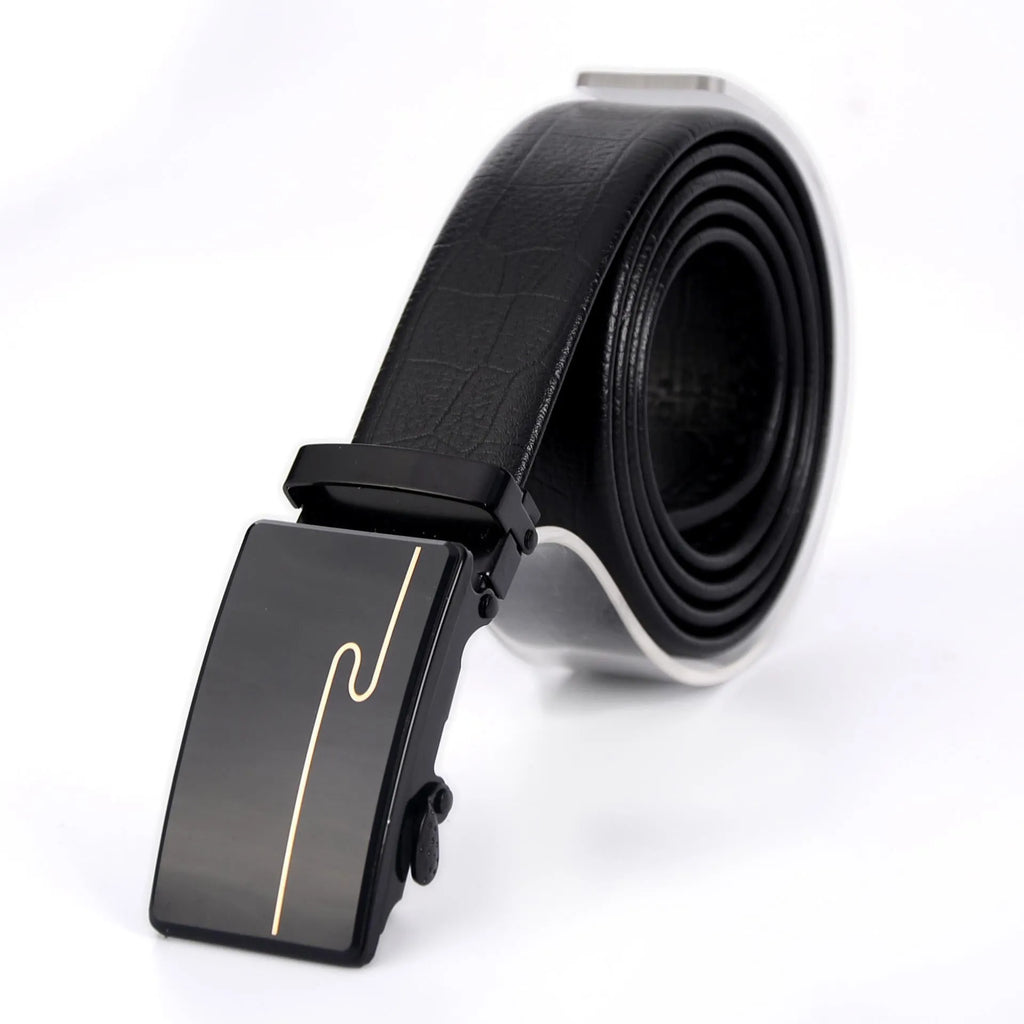 Men's automatic buckle belt with mirror acrylic iron button, patent leather finish, showing buckle close-up