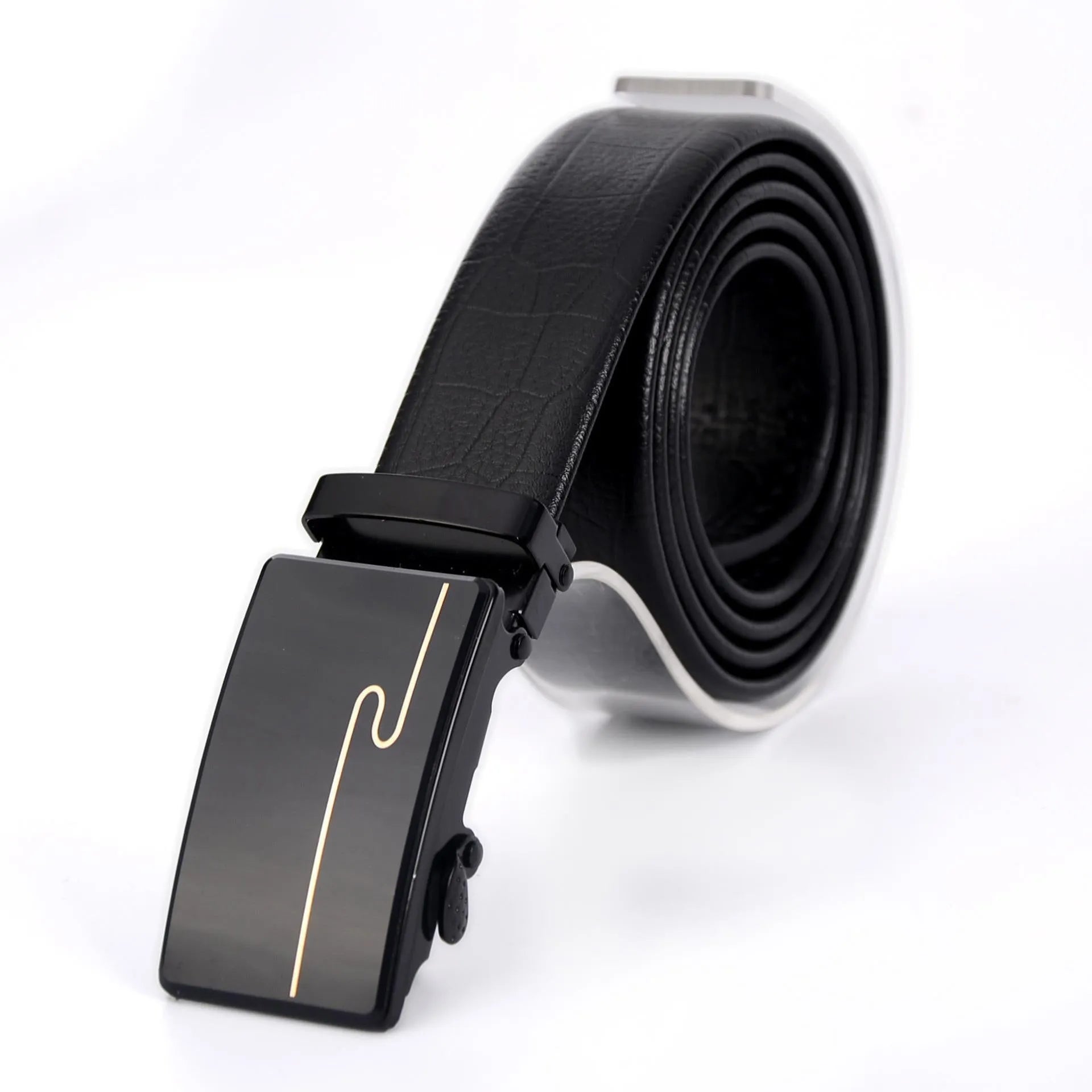 Men's automatic buckle belt with mirror acrylic iron button, patent leather finish, showing buckle close-up