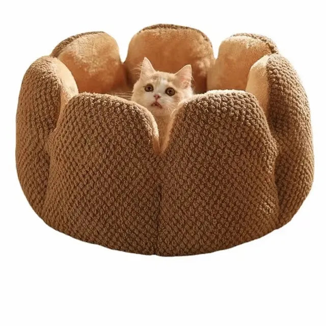 Green cactus petal shaped cat bed cave design with soft plush surface and non-slip bottom on hardwood floor