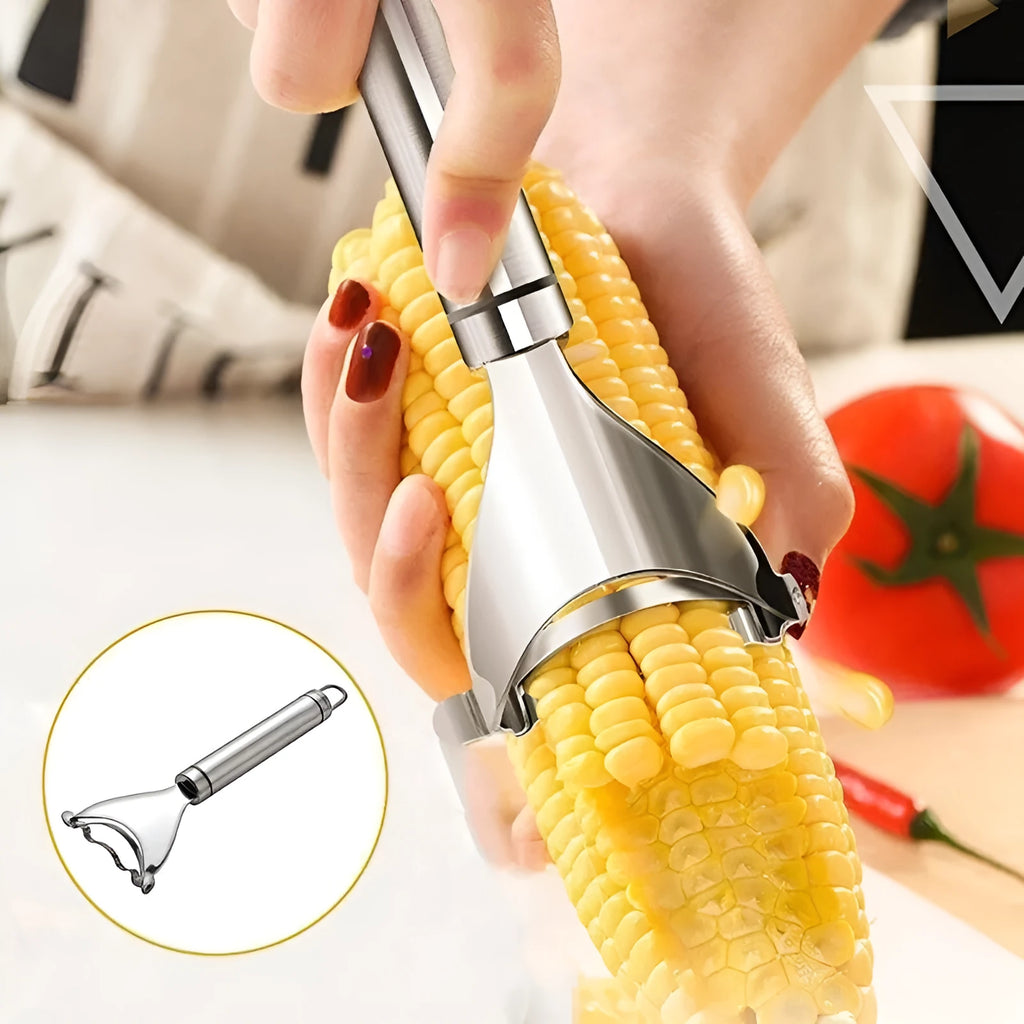 Stainless steel corn planer with 18 cm blade on a kitchen counter