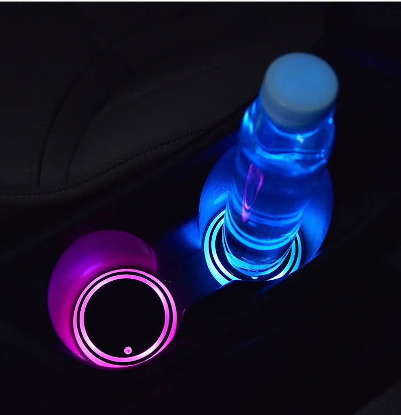 Colourful LED light-up car cup holder coaster showing multiple colour options