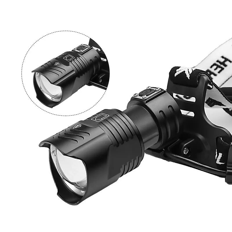 Black rechargeable headlamp with telescopic zoom, aluminium alloy and ABS build, micro USB charging port, 2000 lumens max