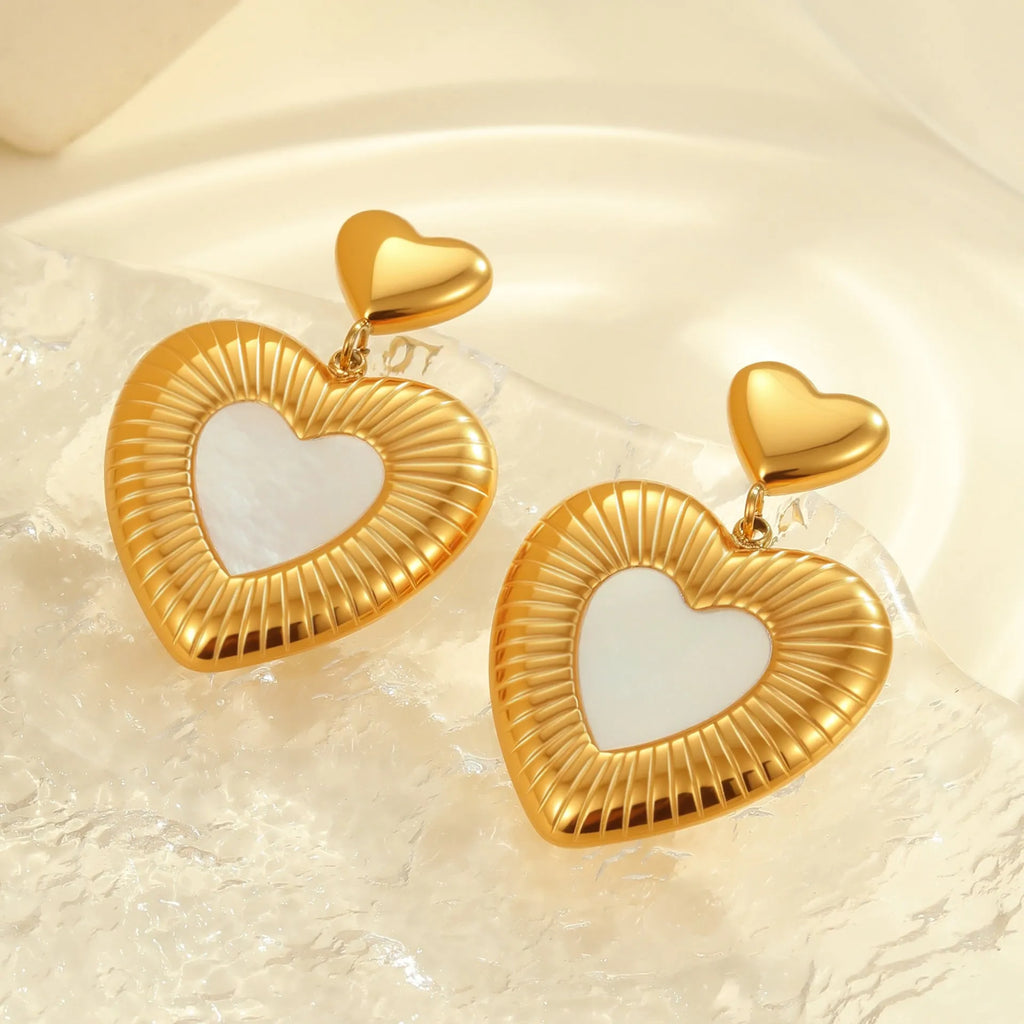 Heart-shaped fritillary earrings with stainless steel construction and 18K gold electroplated finish