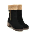 Snow boots with plush lining and rubber sole in black, grey, green, or orange.