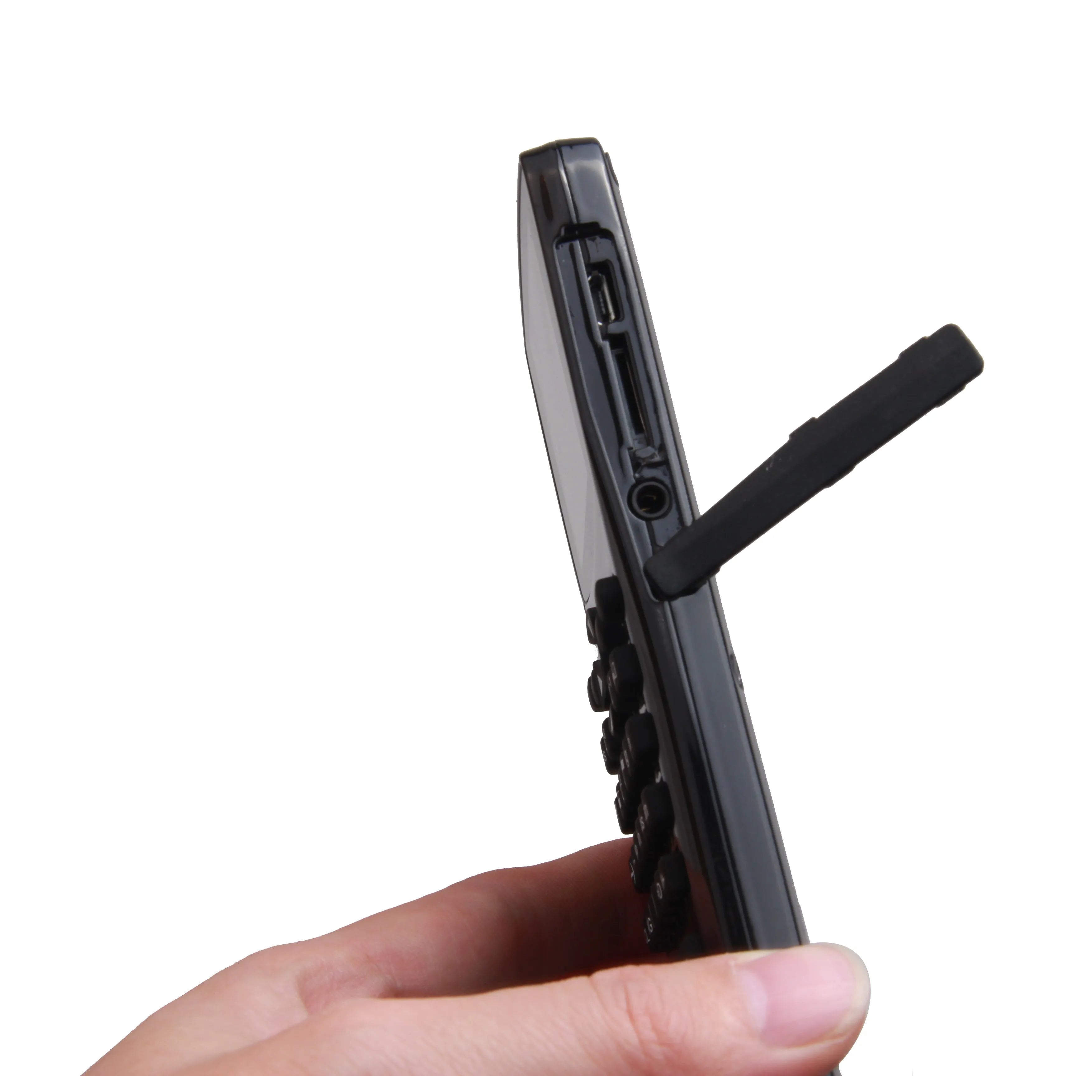 Compact black multifunctional e-book reader with colour display and wrist strap.