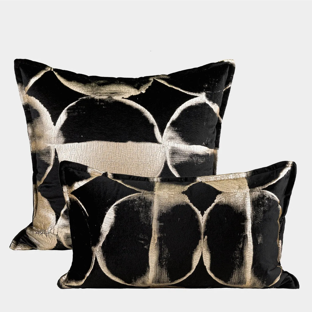 Black gold abstract pattern decorative flannel cushion with removable cover in three sizes.