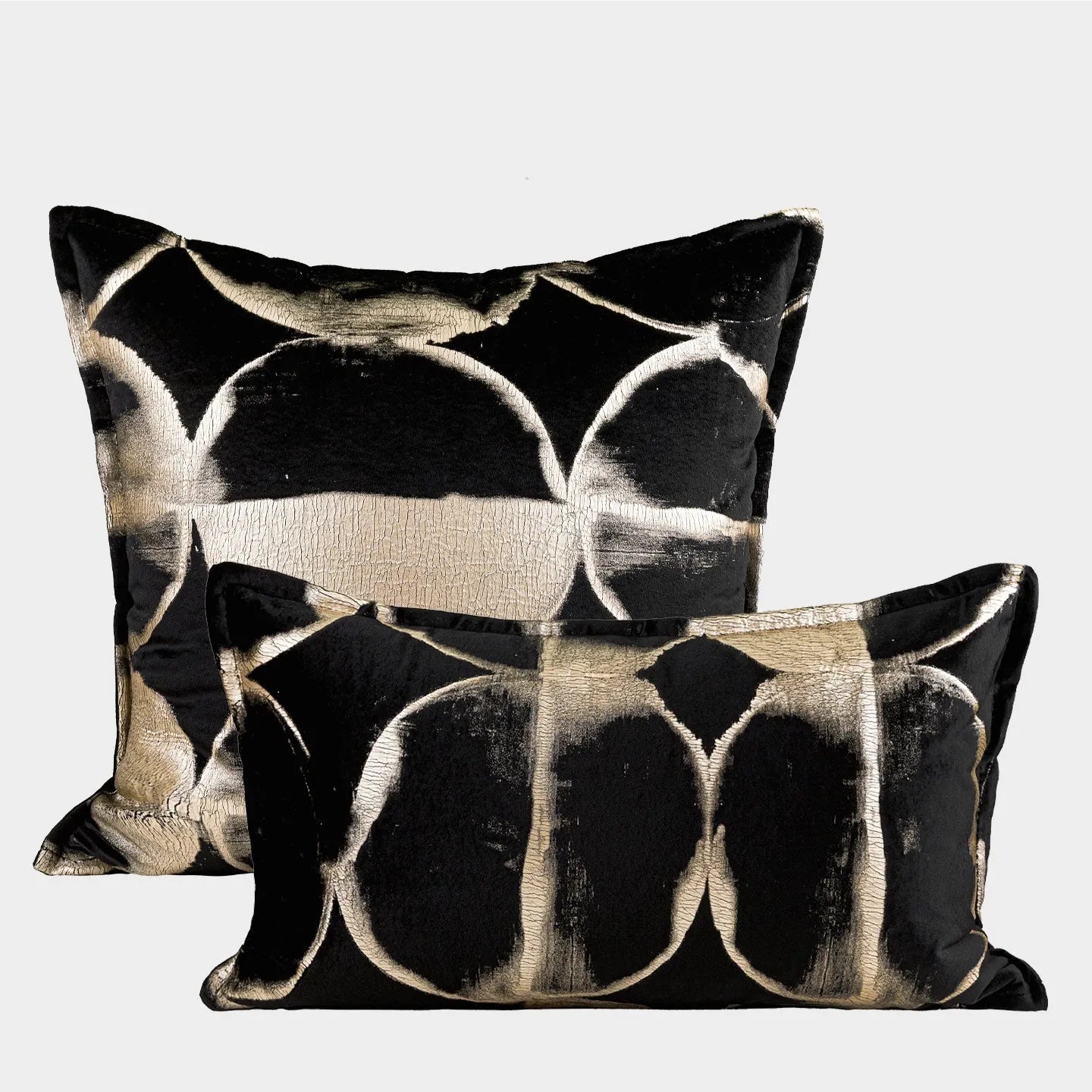 Black gold abstract pattern decorative flannel cushion with removable cover in three sizes.