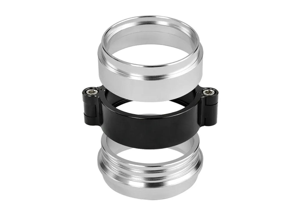 Aluminium fixed movement clamp for car exhaust systems in black, blue or red