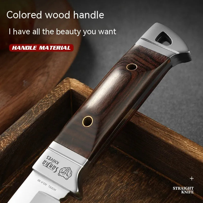 Camping multifunctional portable fruit knife with leather case showing national style design