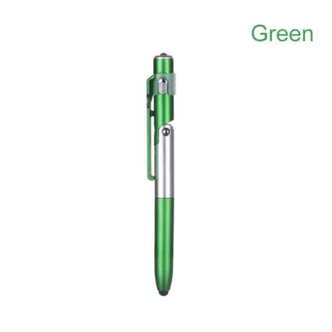 4-in-1 folding light pen mobile phone holder in black plastic, with pen tip and LED light visible