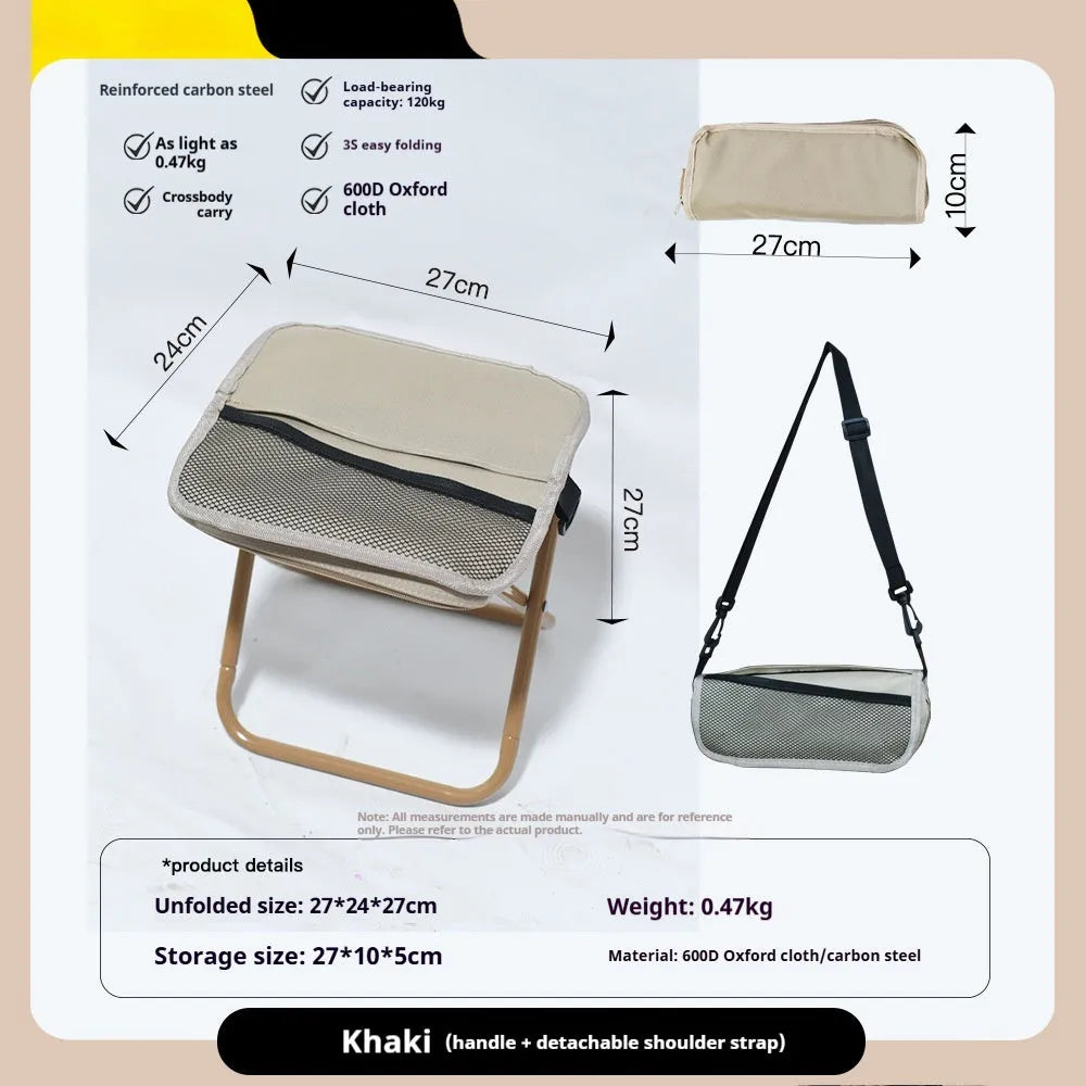 Outdoor foldable camp stool in Oxford cloth showing compact folded design