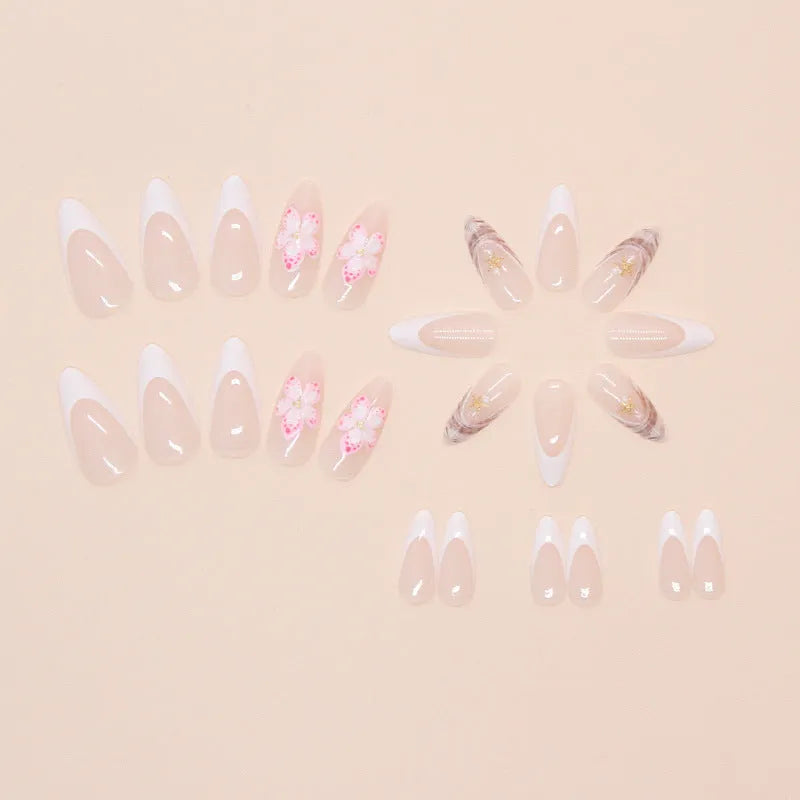 Flower French style fake nails with rock pattern patch in W1764 simple flower colour