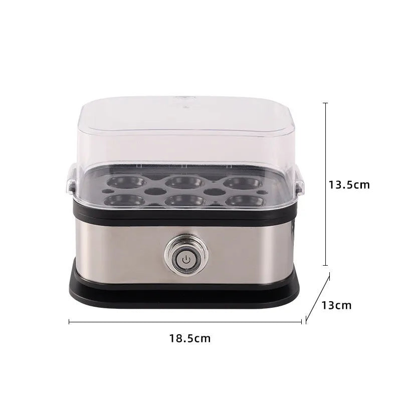 Black portable stainless steel mini egg boiler with power cord and plug adaptors for travel