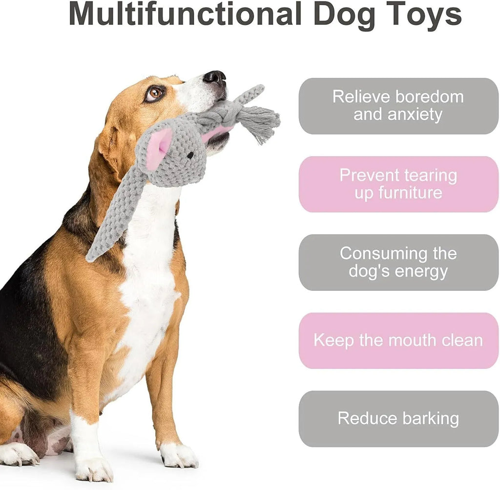 Plush dog squeaker toy with crinkle paper and cotton rope in elephant design for small middle dogs