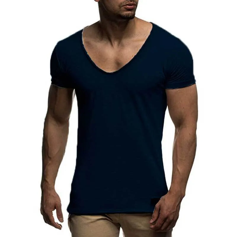 Men's V-neck short sleeve slim fit T-shirt in modal fabric, solid colour, available in black and other shades.