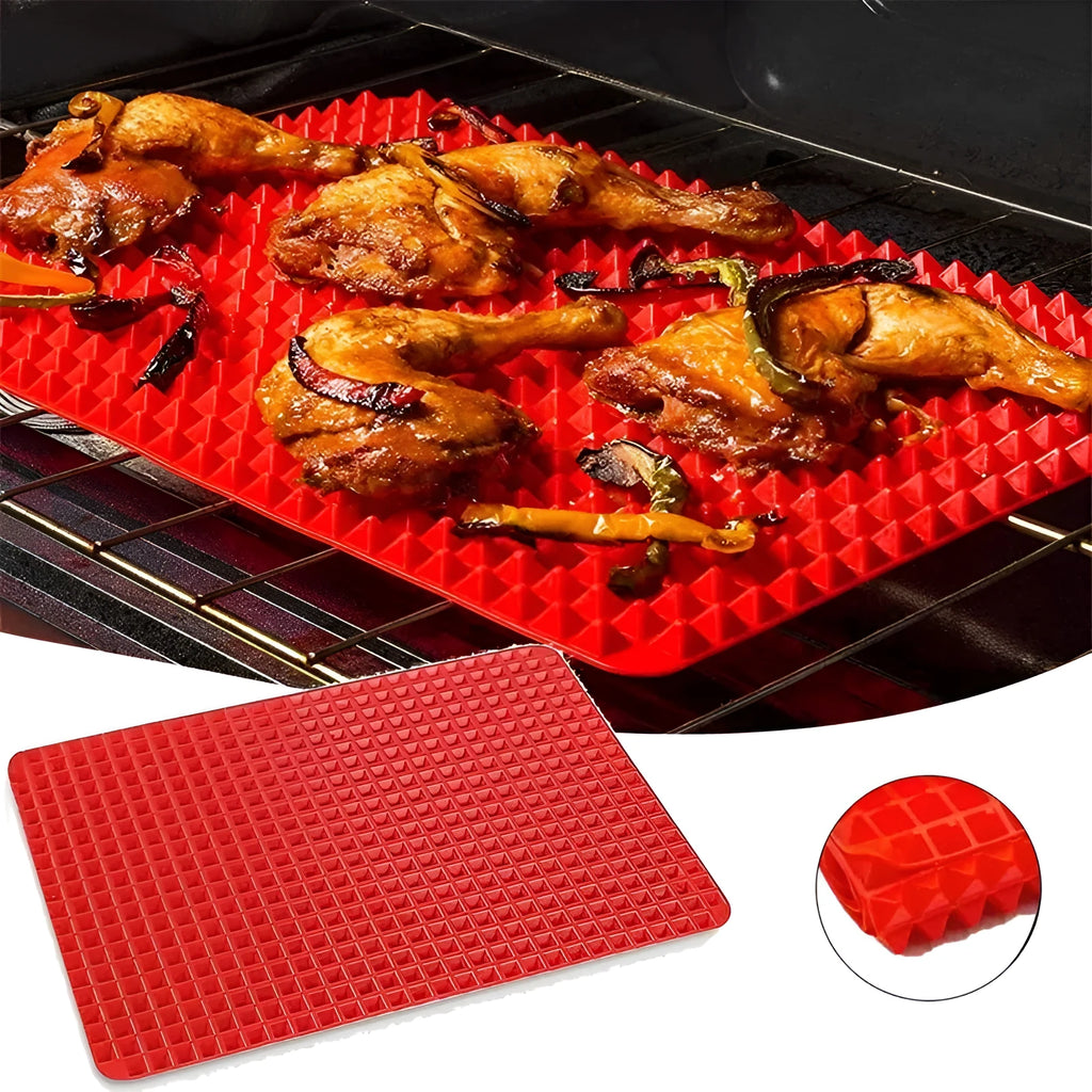 Red non-stick silicone pyramid cooking mat on a baking tray, showing grid pattern and 39.5 cm size