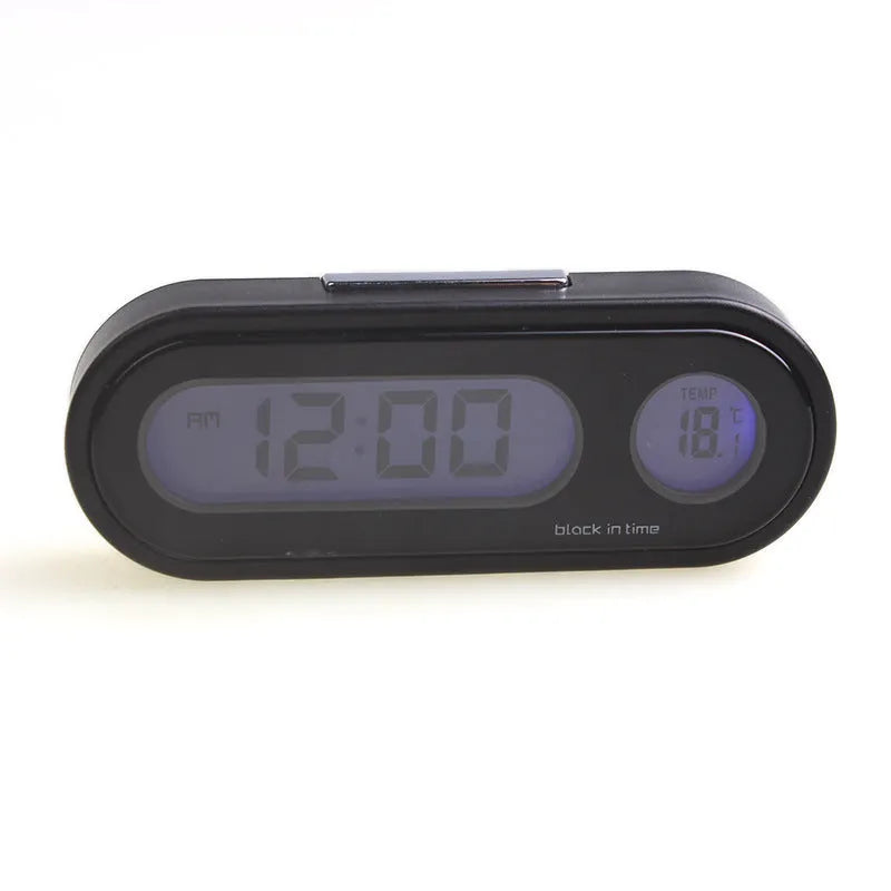 Black car electronic clock thermometer with digital display and adjustable bracket