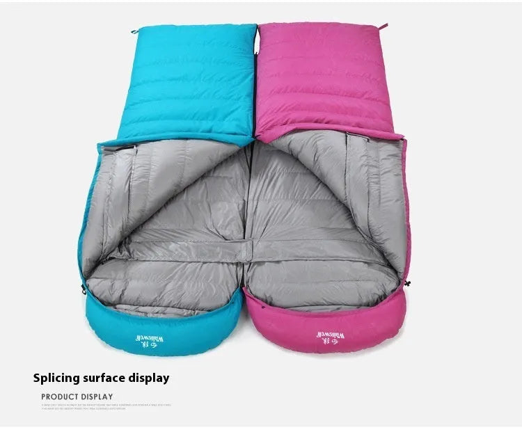 Black outdoor sleeping bag with goose down filling and nylon exterior