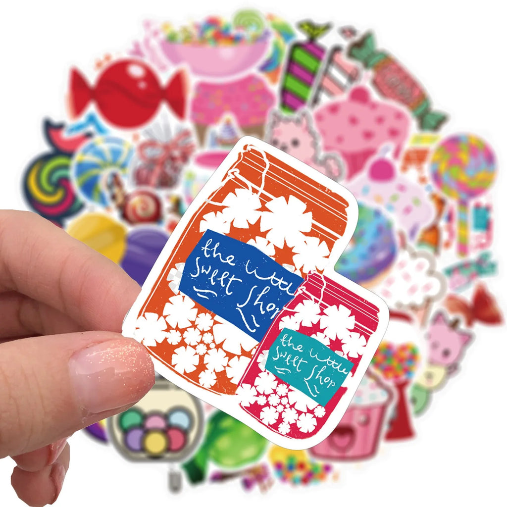 Pink pack of 50 colourful Candy series graffiti stickers with cartoon patterns, each sticker 4-6cm long.