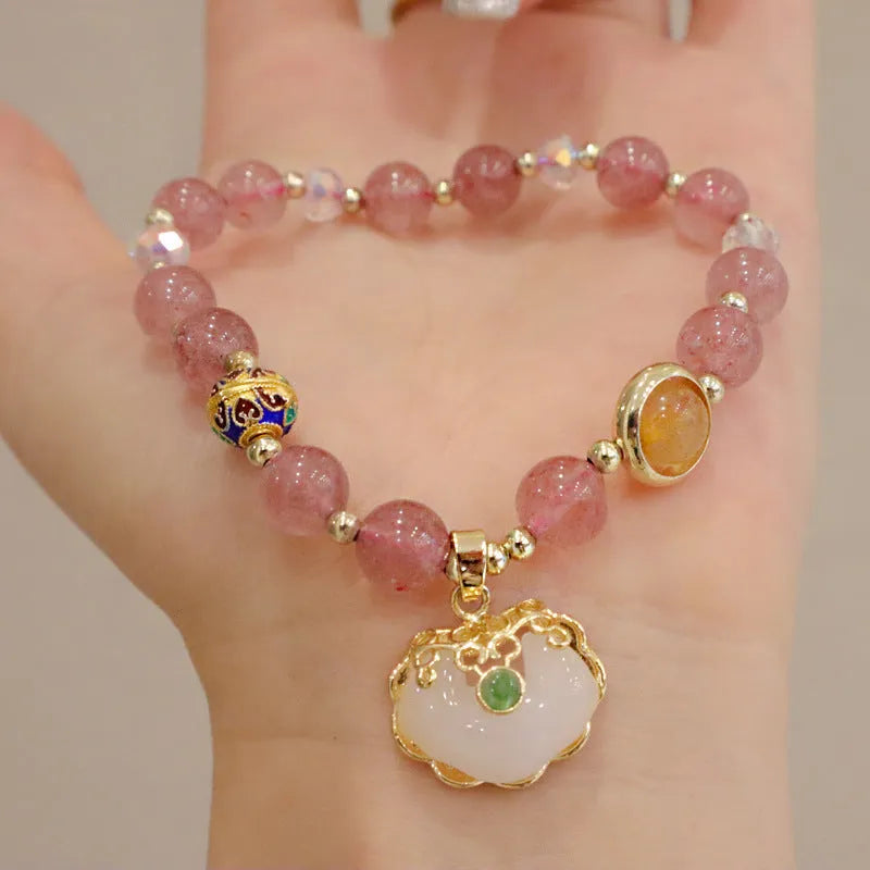 Geometric women's bracelet in gray jade and strawberry quartz with metal ethnic decoration