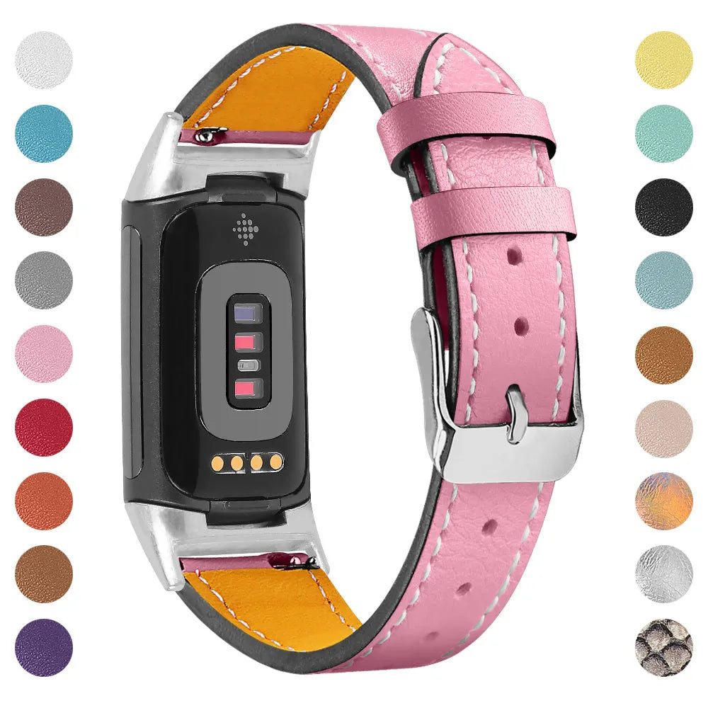 Genuine leather watch strap for Fitbit Charge 5 and Charge 6 smartwatches in apricot colour.