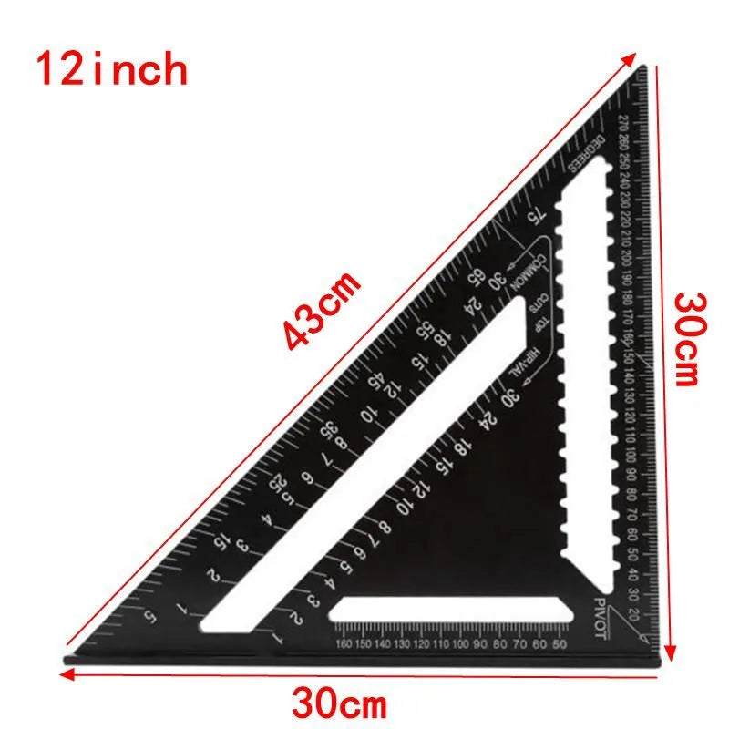 Black oxidation aluminium triangle ruler square with 90 and 45 degree edges, 12 inch model