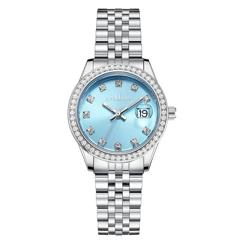 Women's quartz calendar watch with 32mm alloy strap in silver, pink, light blue, and green options