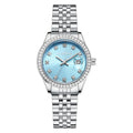 Women's quartz calendar watch with 32mm alloy strap in silver, pink, light blue, and green options